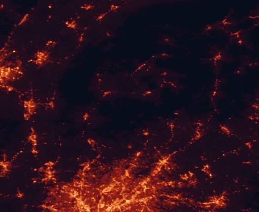 Satellite night-light map of the 100 km around Chattahoochee-Oconee National Forest, with Athens, Sandy Springs and Roswell marked