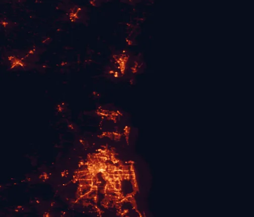 Satellite night-light map of the 100 km around Cumberland Island National Seashore, with Jacksonville, St. Marys and Ponte Vedra Beach marked