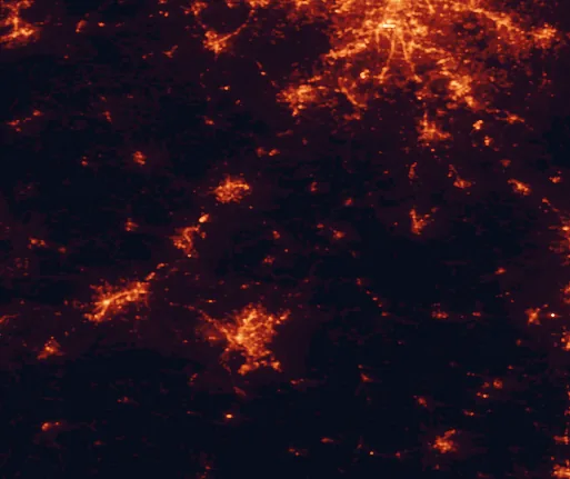 Satellite night-light map of the 100 km around F. D. Roosevelt State Park, with Columbus, South Fulton and Auburn marked