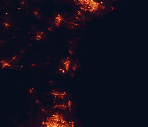 Satellite night-light map of the 100 km around Fort Frederica National Monument, with Brunswick, Hinesville and St. Marys marked