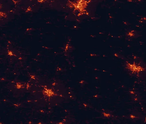Satellite night-light map of the 100 km around George T. Bagby State Park, with Columbus, Dothan and Albany marked