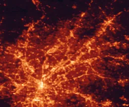 Satellite night-light map of the 50 km around Johns Creek, with Atlanta, Roswell and Sandy Springs marked