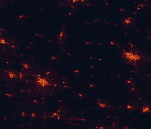 Satellite night-light map of the 100 km around Kolomoki Mounds State Park, with Dothan, Albany and Enterprise marked