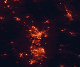Satellite night-light map of the 50 km around Macon, with Warner Robins, Milledgeville and Perry marked