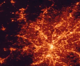 Satellite night-light map of the 50 km around Marietta, with Atlanta, Sandy Springs and Roswell marked