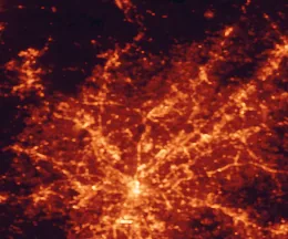 Satellite night-light map of the 50 km around Roswell, with Atlanta, Sandy Springs and Alpharetta marked