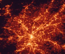 Satellite night-light map of the 50 km around Sandy Springs, with Atlanta, Roswell and Dunwoody marked