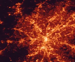 Satellite night-light map of the 50 km around Smyrna, with Atlanta, Sandy Springs and Marietta marked