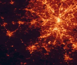 Satellite night-light map of the 50 km around South Fulton, with Atlanta, Sandy Springs and Smyrna marked