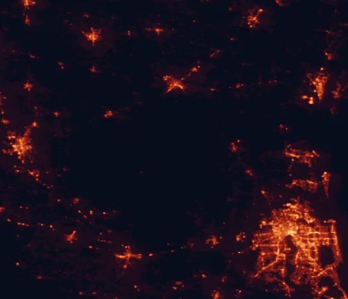 Satellite night-light map of the 100 km around Stephen C. Foster State Park, with Jacksonville, Valdosta and Lakeside marked