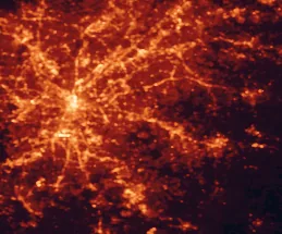 Satellite night-light map of the 50 km around Stonecrest, with Atlanta, Sandy Springs and Roswell marked