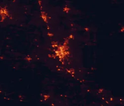Satellite night-light map of the 50 km around Valdosta, with Adel, Quitman and Nashville marked