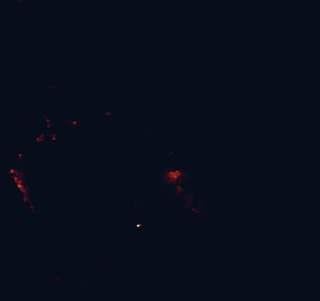 Satellite night-light map of the 100 km around Akaka Falls State Park, with Hilo, Hawaiian Paradise Park and Waimea marked
