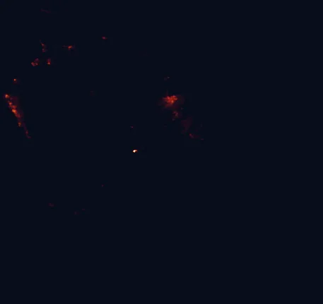 Satellite night-light map of the 100 km around Hawaiʻi Volcanoes National Park, with Hilo, Hawaiian Paradise Park and Kailua-Kona marked