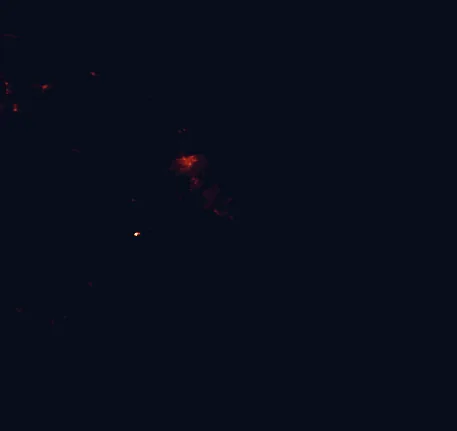 Satellite night-light map of the 100 km around Lava Tree State Monument, with Hilo, Hawaiian Paradise Park and Waimea marked