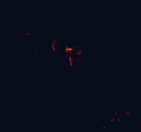 Satellite night-light map of the 100 km around Makena State Park, with Kīhei, Kahului and Wailuku marked