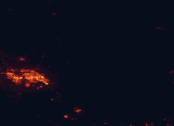 Satellite night-light map of the 100 km around Boise National Forest, with Boise, Meridian and Nampa marked