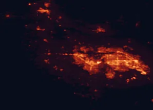 Satellite night-light map of the 50 km around Caldwell, with Boise, Nampa and Meridian marked