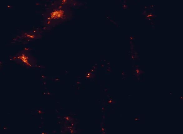 Satellite night-light map of the 100 km around Caribou-Targhee National Forest, with Pocatello, Idaho Falls and Chubbuck marked