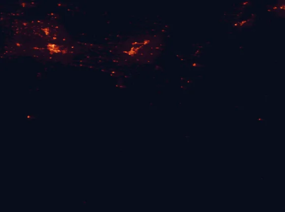Satellite night-light map of the 100 km around City of Rocks National Reserve, with Twin Falls, Burley and Jerome marked