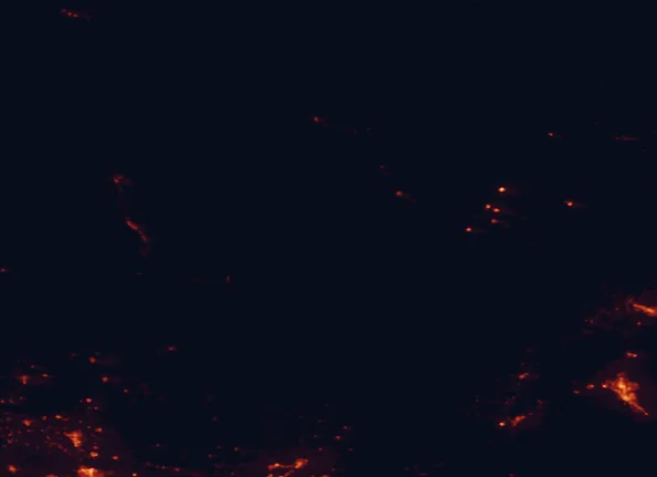 Satellite night-light map of the 100 km around Craters of the Moon National Monument and Preserve, with Pocatello, Chubbuck and Hailey marked