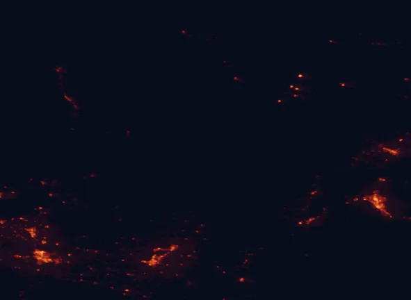 Satellite night-light map of the 100 km around Craters of the Moon National Preserve, with Pocatello, Twin Falls and Chubbuck marked