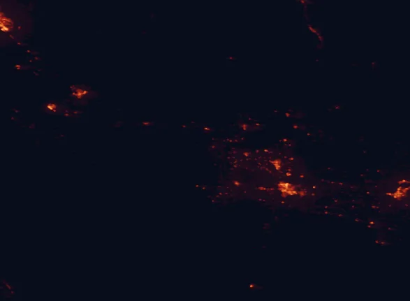 Satellite night-light map of the 100 km around Hagerman Fossil Beds National Monument, with Twin Falls, Jerome and Mountain Home marked