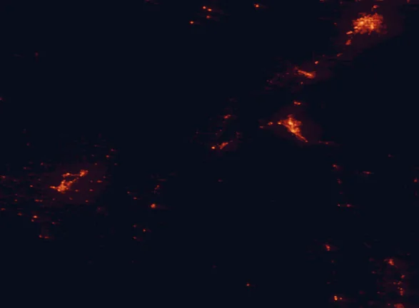 Satellite night-light map of the 100 km around Massacre Rocks State Park, with Pocatello, Idaho Falls and Chubbuck marked