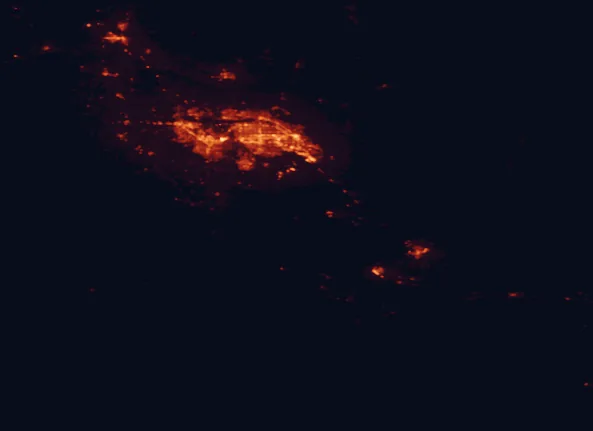 Satellite night-light map of the 100 km around Morley Nelson Snake River Birds of Prey National Conservation Area, with Boise, Meridian and Nampa marked