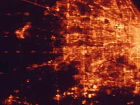 Satellite night-light map of the 50 km around Aurora, with Naperville, Joliet and Elgin marked