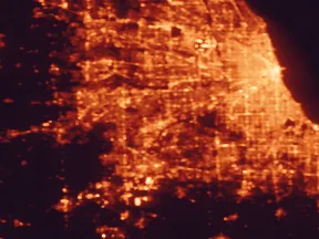 Satellite night-light map of the 50 km around Bolingbrook, with Chicago, Naperville and Aurora marked