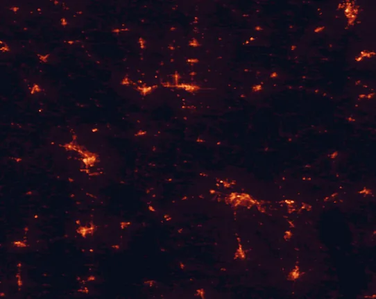 Satellite night-light map of the 100 km around Cache River State Natural Area, with Cape Girardeau, Carbondale and Paducah marked