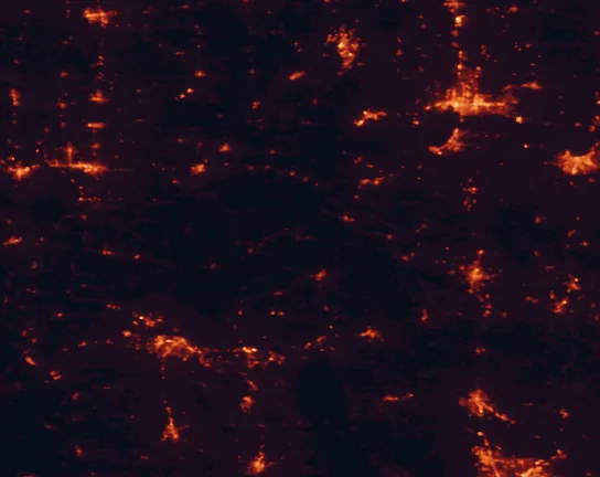 Satellite night-light map of the 100 km around Cave-in-Rock State Park, with Evansville, Owensboro and Henderson marked