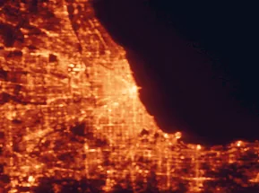 Satellite night-light map of the 50 km around Chicago, with Cicero, Naperville and Berwyn marked