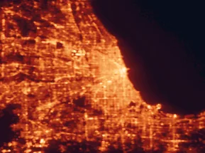 Satellite night-light map of the 50 km around Cicero, with Chicago, Oak Park and Aurora marked