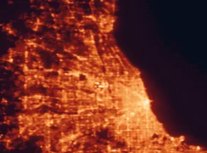 Satellite night-light map of the 50 km around Des Plaines, with Chicago, Arlington Heights and Aurora marked