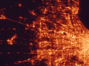 Satellite night-light map of the 50 km around Elgin, with Aurora, Naperville and Schaumburg marked