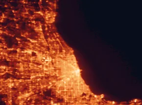 Satellite night-light map of the 50 km around Evanston, with Chicago, Cicero and Naperville marked