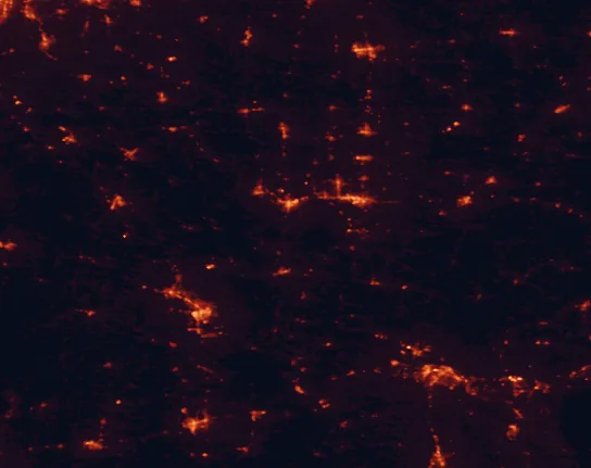Satellite night-light map of the 100 km around Giant City State Park, with Carbondale, Cape Girardeau and Marion marked