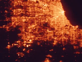 Satellite night-light map of the 50 km around Homer Glen, with Chicago, Joliet and Aurora marked