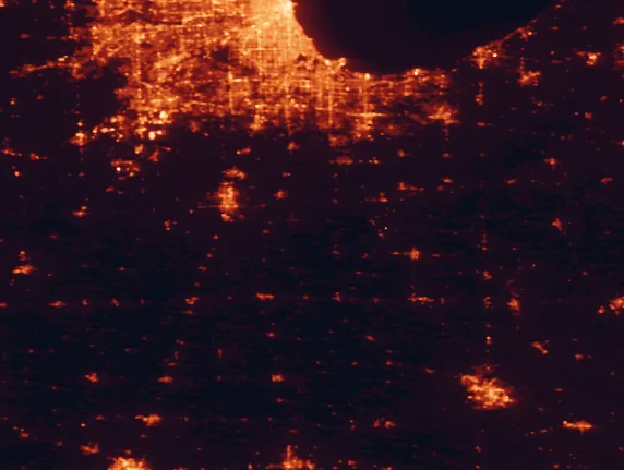 Satellite night-light map of the 100 km around Kankakee National Wildlife Refuge and Conservation Area, with Chicago, Aurora and Joliet marked