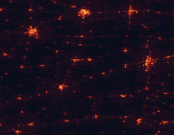 Satellite night-light map of the 100 km around Lincoln Log Cabin State Historic Site, with Champaign, Decatur and Terre Haute marked