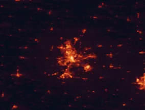 Satellite night-light map of the 50 km around North Peoria, with East Peoria, Pekin and Washington marked