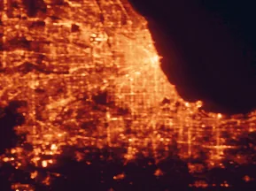 Satellite night-light map of the 50 km around Oak Lawn, with Chicago, Aurora and Naperville marked