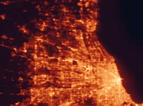 Satellite night-light map of the 50 km around Palatine, with Chicago, Arlington Heights and Schaumburg marked