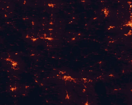 Satellite night-light map of the 100 km around Shawnee National Forest, with Cape Girardeau, Paducah and Carbondale marked
