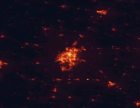 Satellite night-light map of the 50 km around Springfield, with Chatham, Lincoln and Sherman marked