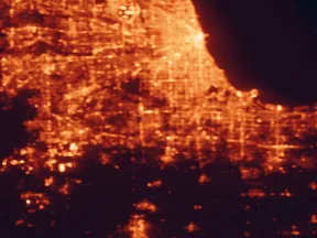 Satellite night-light map of the 50 km around Tinley Park, with Chicago, Joliet and Aurora marked