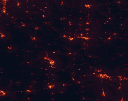 Satellite night-light map of the 100 km around Trail of Tears State Forest, with Cape Girardeau, Carbondale and Jackson marked