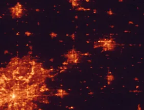 Satellite night-light map of the 50 km around Anderson, with Indianapolis, Muncie and Fishers marked